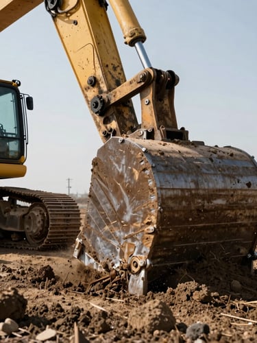 Low-angle heroic shot of a yellow excavator bucket digging into dark Yakima Valley soil, high-contrast daylight, raw earth and steel textures, 35mm