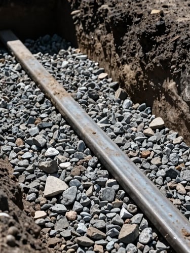 Close-up of a freshly excavated utility trench in dark earth, clean gravel bedding visible, harsh daylight, gritty construction photography, 35mm