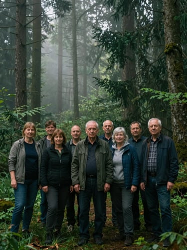 A natural portrait of local community members standing together in a misty German forest at morning light, deep green tones, cinematic depth of field.