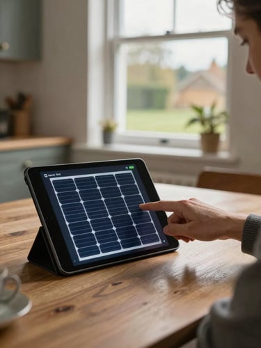 Close-up of a homeowner's hand pointing at a solar monitoring dashboard on a tablet, sitting at a kitchen table in a UK terraced house, natural overcast daylight through the window, warm interior tones