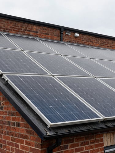 Close-up environmental shot of solar panels installed on a brick-faced UK commercial building, overcast sky above, guttering and flat roof edge visible, natural daylight, no people