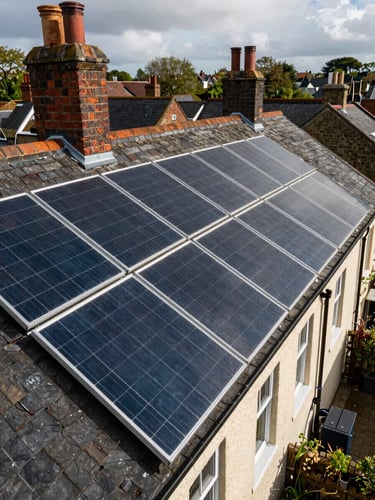 Wide environmental shot of solar panels installed across a classic UK terraced house rooftop, viewed from slightly above at a gentle angle, overcast British daylight, panels neatly tiled across the slate, brick chimney stack to the left, system clearly in use