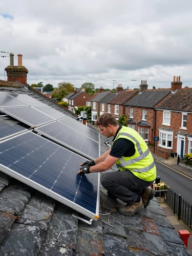 Wide environmental shot, natural daylight on an overcast UK afternoon — a CBG Solar installer in a high-vis vest crouching on a slate-tiled terraced rooftop, solar panels newly mounted behind him, residential street of brick Victorian houses visible below, honest working atmosphere