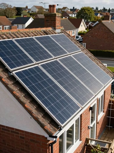 Close environmental shot of a British semi-detached home exterior, a full array of solar panels installed across a south-facing tiled roof, natural overcast UK daylight, scaffolding removed, clean guttering visible, suburban street context in soft background blur