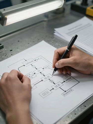 Close-up of hands tracing a printed process flow diagram on a factory workbench, overhead shop lighting, documents and a pen visible, grayscale industrial documentary style