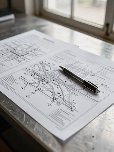 Close-up overhead flat-lay of printed process maps and procedure documents spread on a steel worktable, a ballpoint pen resting diagonally across the pages, natural daylight from a factory window, grayscale tones with warm paper texture