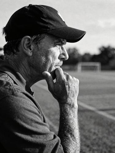 Candid medium close-up of a thoughtful football coach on the sidelines, deep shadows, natural overcast daylight, high-contrast black and white, film grain.