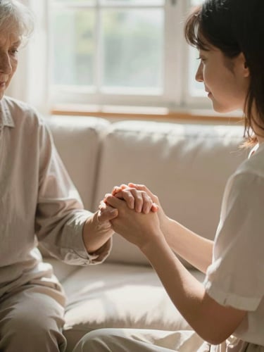 A warm editorial photograph of a daughter holding her elderly mother's hand in a sunlit living room, soft natural window light, shallow depth of field, 35mm.