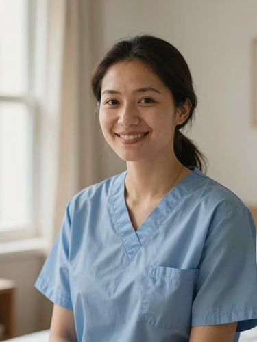 Warm editorial portrait of a local caregiver smiling gently in a sunlit home, soft natural window light, 35mm.