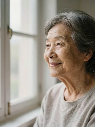 Warm editorial portrait of an elderly woman smiling gently while looking out a sunlit window, soft natural light, shallow depth of field, 35mm.
