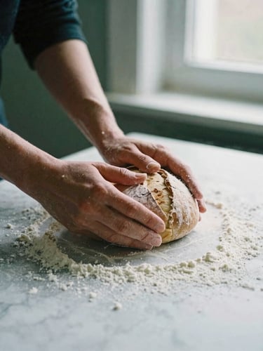 Hands kneading sourdough on a floured marble counter under soft, diffused Scandinavian window light, deep natural shadows.