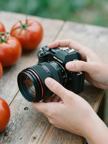 Close-up of hands adjusting a camera lens over a rustic wooden prep table with fresh heirloom tomatoes, soft diffused daylight, shallow depth of field, 35mm film.