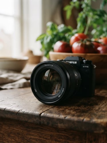 Close-up of a modern camera lens reflecting soft natural daylight, with a blurred rustic wooden prep table and fresh tomatoes in the background.