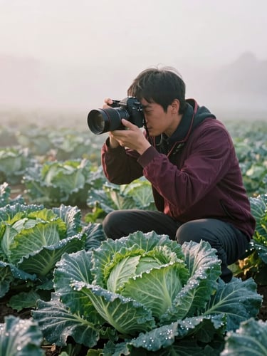A photographer adjusting a camera lens in a misty, sunlit vegetable field at dawn, dew on cabbage leaves, soft natural lighting, cozy editorial style.