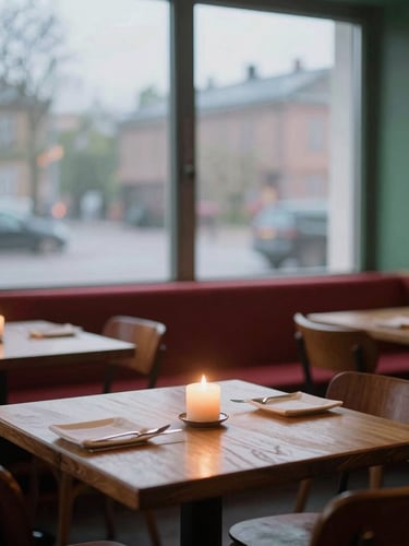 A cozy Scandinavian-style restaurant dining room at dusk, soft warm candle light on empty wooden tables, misty window looking out to a quiet street.