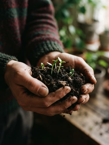 Close-up of hands holding rich dark soil with small green sprouts, soft diffused natural daylight, shallow depth of field, 35mm film.