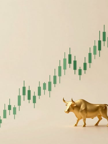 A minimalist, warm-toned composition of abstract financial growth curves, a subtle gold-accented bull silhouette, and clean green candlestick charts on a cream canvas under soft studio light.