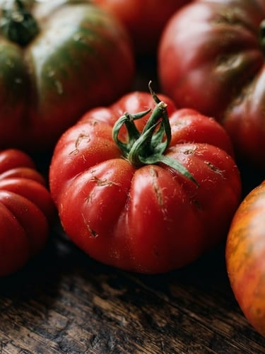 Close-up macro of raw heirloom tomatoes on a dark wooden prep table, soft natural Scandinavian daylight, rich crimson tones, shallow depth of field, 35mm film