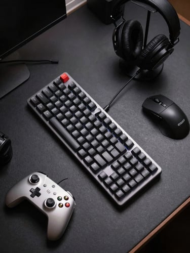 Overhead clinical flat-lay of a complete gaming desk setup: mechanical keyboard centered, gaming mouse to the right, wired headset resting on a stand at the top edge, controller placed lower-left, all on a matte dark desk surface under even studio lighting with no shadows, neutral charcoal and steel tones, clear product dimensions visible