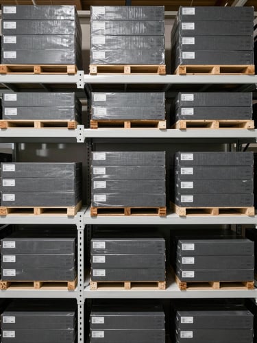 Close overhead shot of organized warehouse shelving, multiple rows of uniformly stacked boxed hardware units in charcoal and gray packaging, even bright ambient lighting, no shadows, clinical and orderly composition showing inventory depth and scale