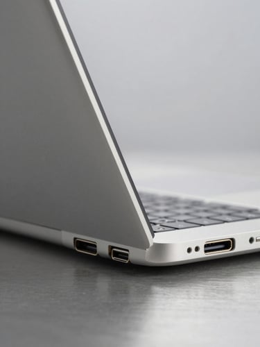 Close-up studio shot of laptop ports and hinge detail from a low side angle on a neutral steel-gray surface, even bright ambient lighting showing USB-C, HDMI, and build tolerances at scale