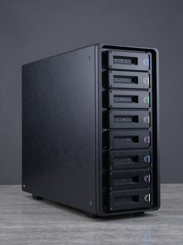Right-side bleed close-up of a full-tower workstation PC on a clean steel-gray surface, shot from a three-quarter front angle under even shadowless studio lighting, showing drive bays and panel detail, neutral charcoal background, no RGB lighting