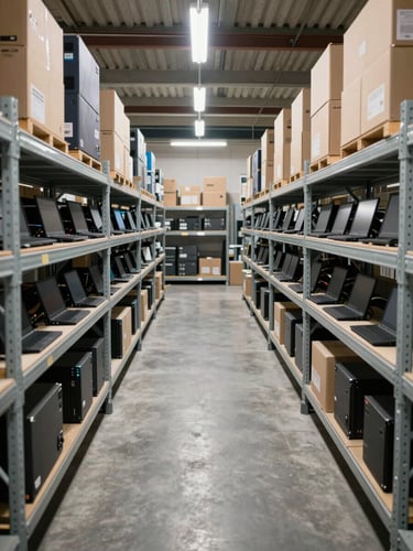 Wide shot from the end of a warehouse aisle, rows of boxed computers and laptops stacked on steel shelving units receding into the background, even overhead fluorescent lighting, neutral gray concrete floor, no people, clinical and organized