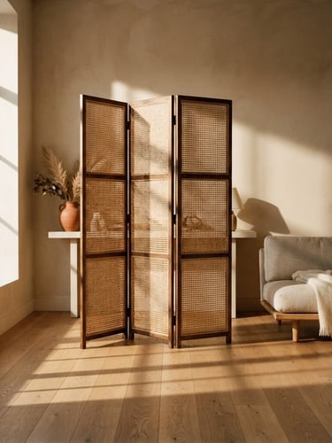 A warm minimalist room with a folding rattan screen casting long shadows in afternoon sunlight, medium format look
