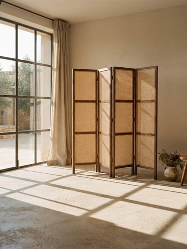 Medium-wide architectural shot of a folding rattan screen casting long, warm shadows in a sunlit minimalist room, natural earth tones, medium format film look