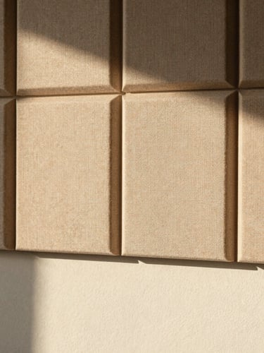 A close-up of architectural fabric acoustic tiles mounted on a plaster wall, soft afternoon sunlight, long shadows