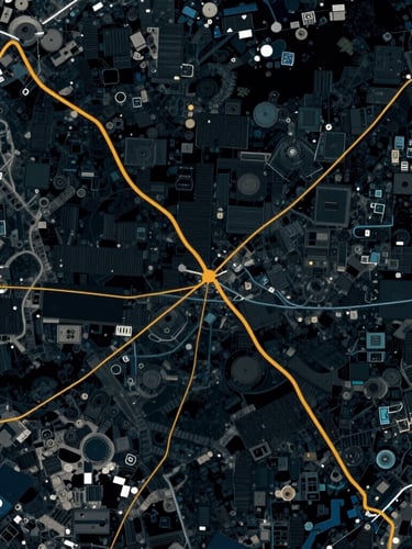 High-precision aerial satellite imagery with clean vector segmentation overlays, highlighting tactical pathways in sharp tactical amber lines, dark technical photography, 35mm