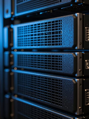 Macro close-up of a high-performance computing cluster, cool blue directional light reflecting off server chassis, sharp dark technical photography, 35mm