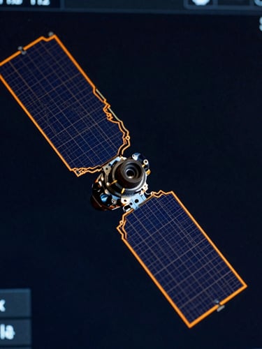 Macro close-up of high-precision satellite imagery with sharp amber vector lines wrapping around terrain borders, dark technical UI, 35mm.