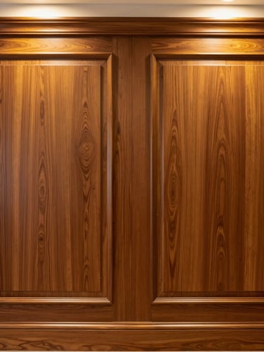 Symmetrical architectural macro photograph of rich bookmatched walnut paneling, warm golden lighting, pristine satin finish, 35mm