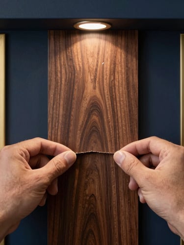 Extreme close-up macro shot of a craftsman's hands carefully restoring the grain of a dark walnut wall panel under focused architectural spotlighting, 35mm