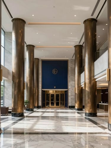 Symmetrical straight-on architectural photography of a pristine Class-A commercial lobby with towering bronze columns and polished marble floors, dramatic interior shadows, high-contrast lighting, 35mm