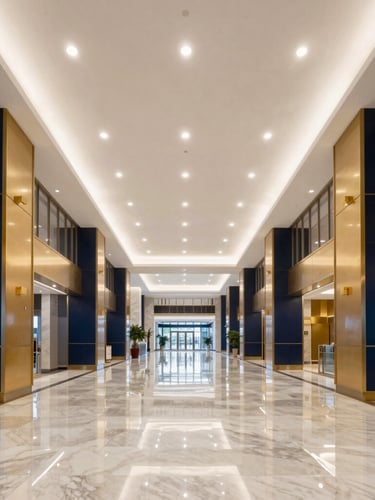 Symmetrical wide-angle architectural photography of a grand commercial lobby, showing flawless mirror-finish polished marble floors reflecting high-contrast architectural ceiling lights, deep navy and gold accents, crisp interior lighting, 35mm