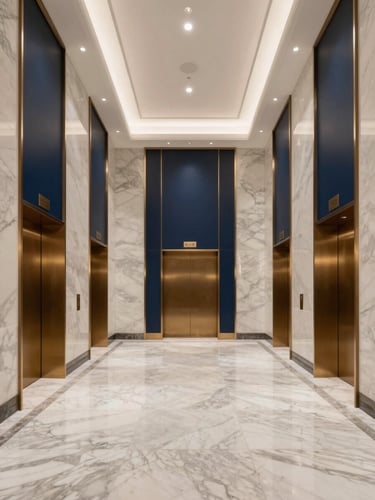 Symmetrical architectural photography of a pristine Class-A commercial lobby, marble floors reflecting soft light, bronze elevator doors, high-contrast interior lighting, 35mm