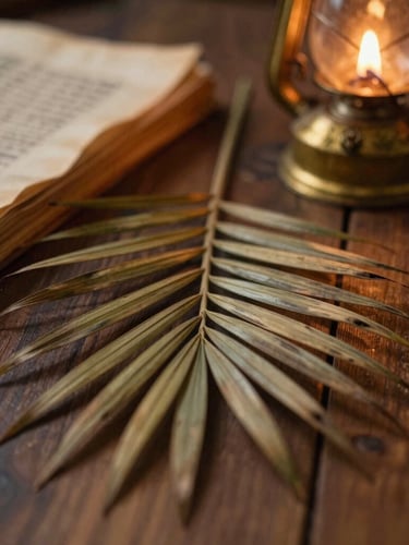 Macro close-up of aged palm-leaf manuscripts resting on a textured wooden surface, warm flickering glow from a nearby brass oil lamp, shallow depth of field, 35mm