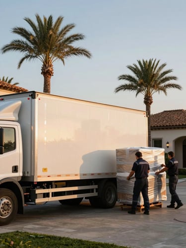 Wide shot from the left side, a large white moving truck backed into a villa driveway at golden hour, two uniformed movers unloading wrapped furniture, warm sunlight raking across the truck side and palm trees in the background, documentary framing
