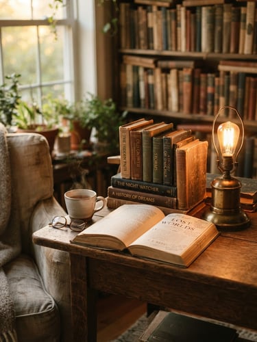 Close-up of a warm cozy reading nook with soft incandescent lamp glow, stacks of vintage books on a rustic wooden table, shallow depth of field