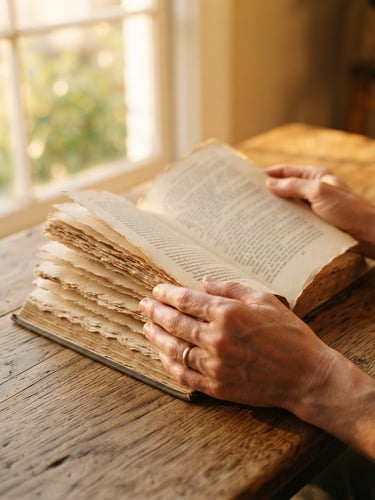 Close-up of a person's hands holding an open book with textured deckle-edge paper, warm golden-hour light streaming through a window, soft shadows on a rustic wooden table.