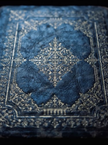Close-up of a leather-bound historical ledger with intricate gold tooling, low-key lighting, cool blue tones, sharp focus, 35mm
