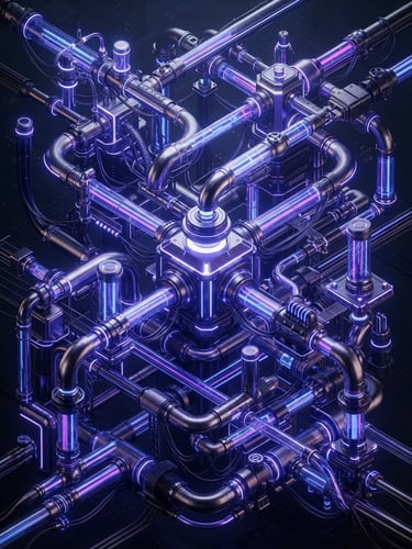 Isometric 3D render of a glowing cobalt data pipeline structure with metallic textures and sharp neon edge lights against a dark background