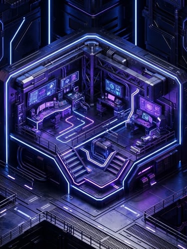 Macro isometric close-up of dark metallic architectural workspace under high-contrast cobalt neon edge-lights, sleek 3D render