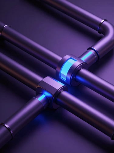 Sleek 3D render of glowing data pipeline structures, dark metallic textures, dramatic violet and cobalt studio lighting