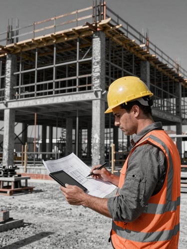 Engenheiro em canteiro de obras revisando plantas em tablet, com estrutura de aço e concreto ao fundo, luz do dia forte, alto contraste, tons de carvão e laranja.