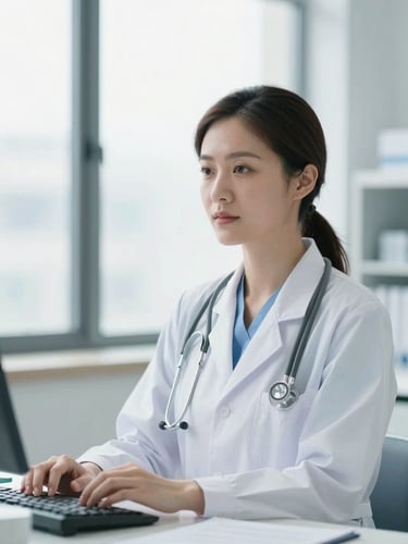 Professional female doctor in a bright, modern clinical office, soft natural window lighting, clean teal and white tones, shallow depth of field