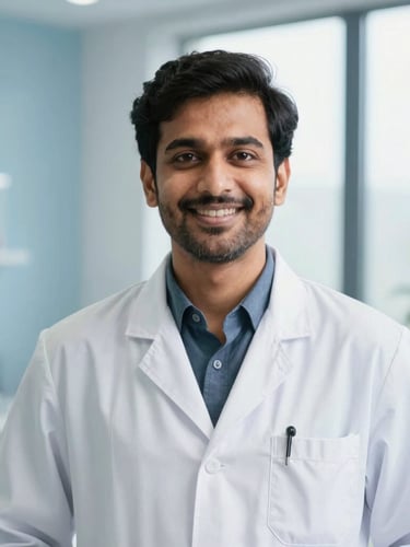 Professional portrait of male ENT doctor Dr. Abhinava Ghosh in a modern clinical consulting room, warm and reassuring expression, bright natural daylight