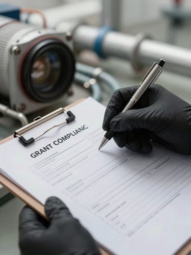Close-up of a grant compliance checklist on a clipboard, a gloved hand holding a pen at the top of the form, open cable trunking and pipework visible in the blurred background, overcast studio lighting